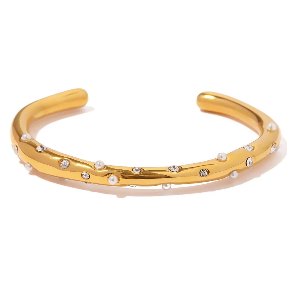 Waterproof Stainless Steel Inlaid Zircon Pearl Cuff Bracelets 18k Gold Plated Metal Open Cuff Bangles Women Hand Jewelry Gift