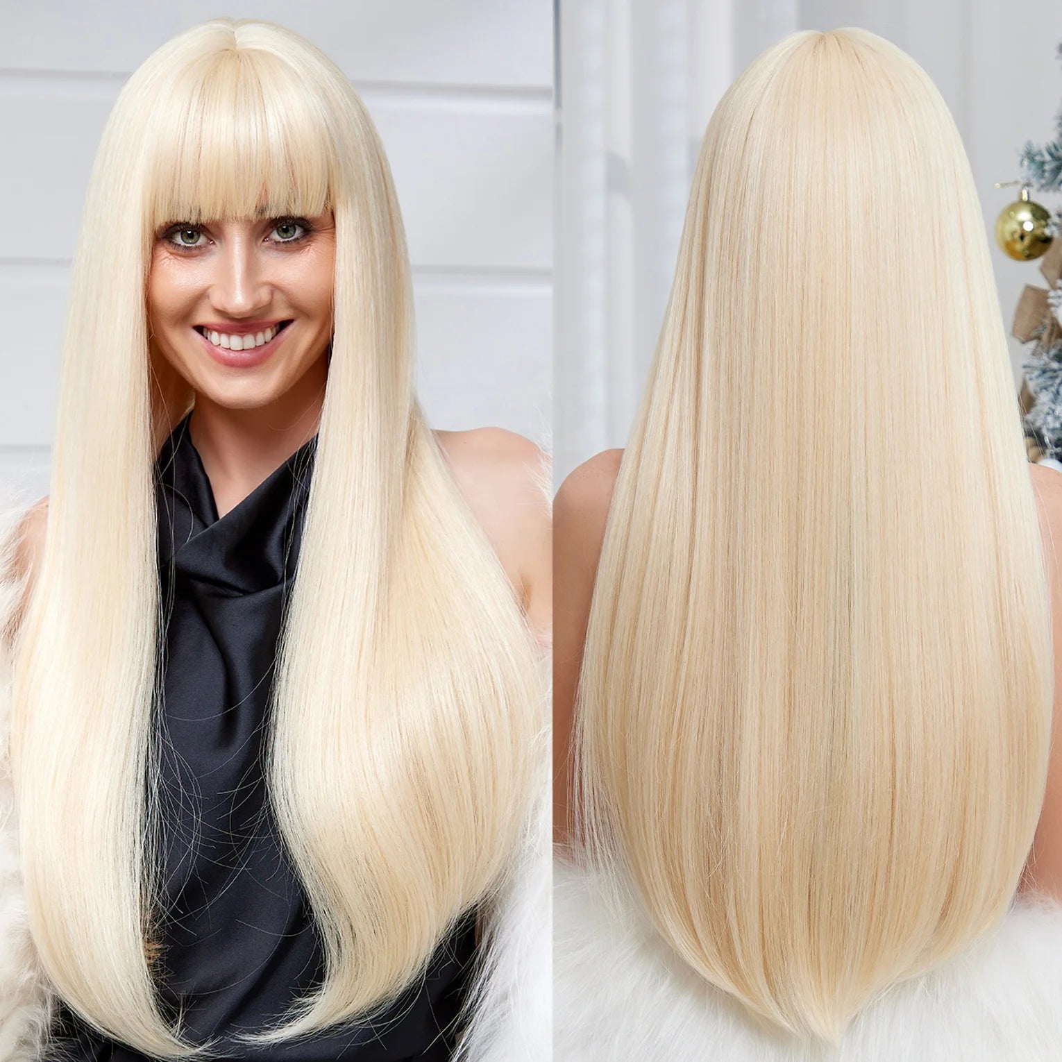 Blonde 613 Synthetic Wig Straight Long With Bangs Smooth Premium Matte Chemical Fiber Wig Ladies Middle Parted Hair