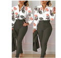 Women's Casual Long Pants Suit Floral Shirt Top With Long Sleeves and Belt Elegant Style XL Size Button Decoration
