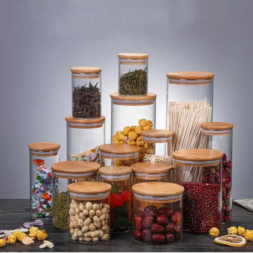 Wholesale Custom Borosilicate Glass Spice Storage Container Jar Bottle Kitchen Bamboo Lid Glass Food Storage Jars