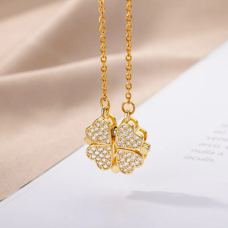 Lateefah Foldable Korea Gold Silver Pendant Necklace Creative Diamond Necklace Four Leaf Necklace for Women Girls