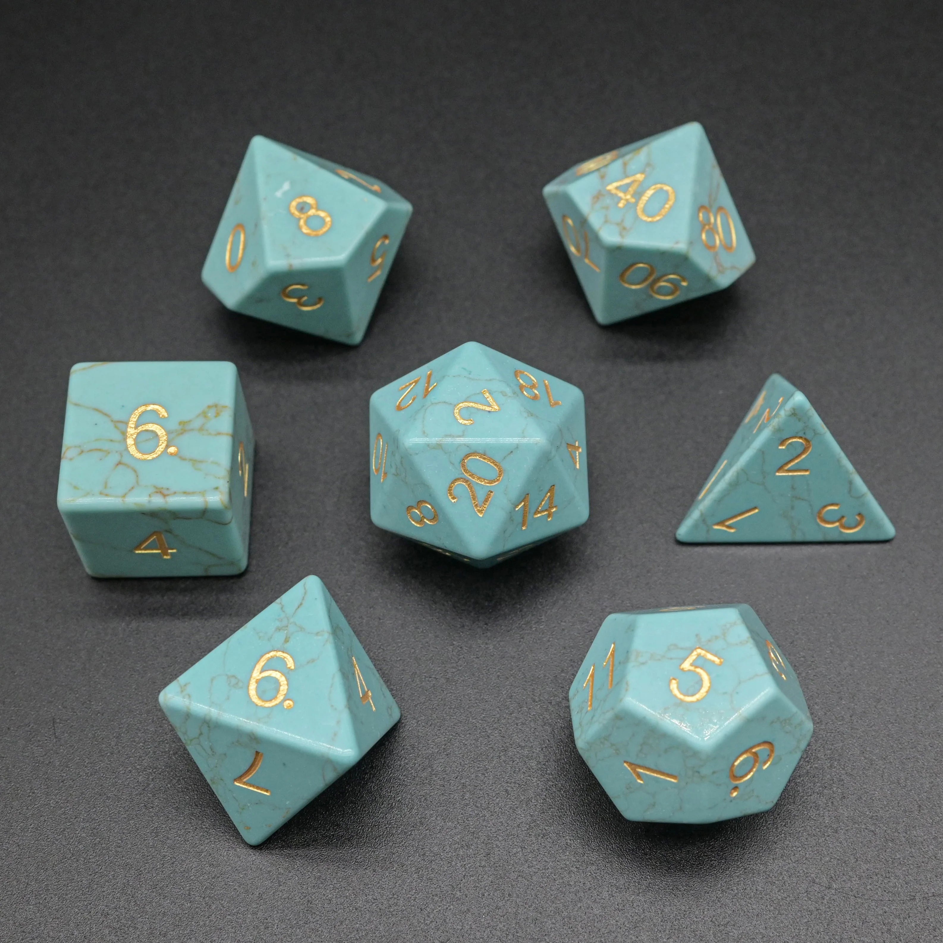 Gold Carving Polyhedral Synthetic Blue Turquoise Stone DND Dice Set for Tabletop Game Lovers