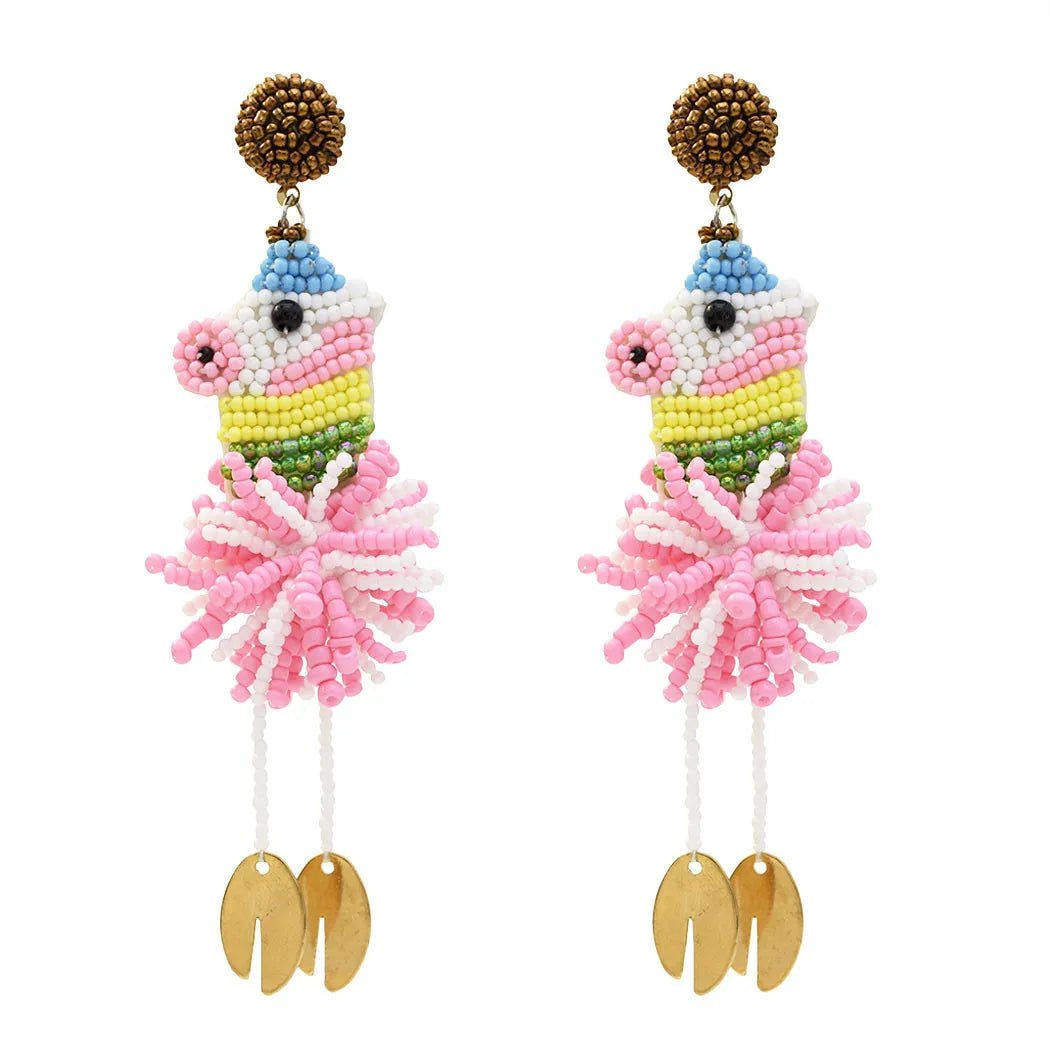 Handmade Women's Colorful Rainbow Horse Statement Drop Earrings Gold Plated Acrylic Beaded Design