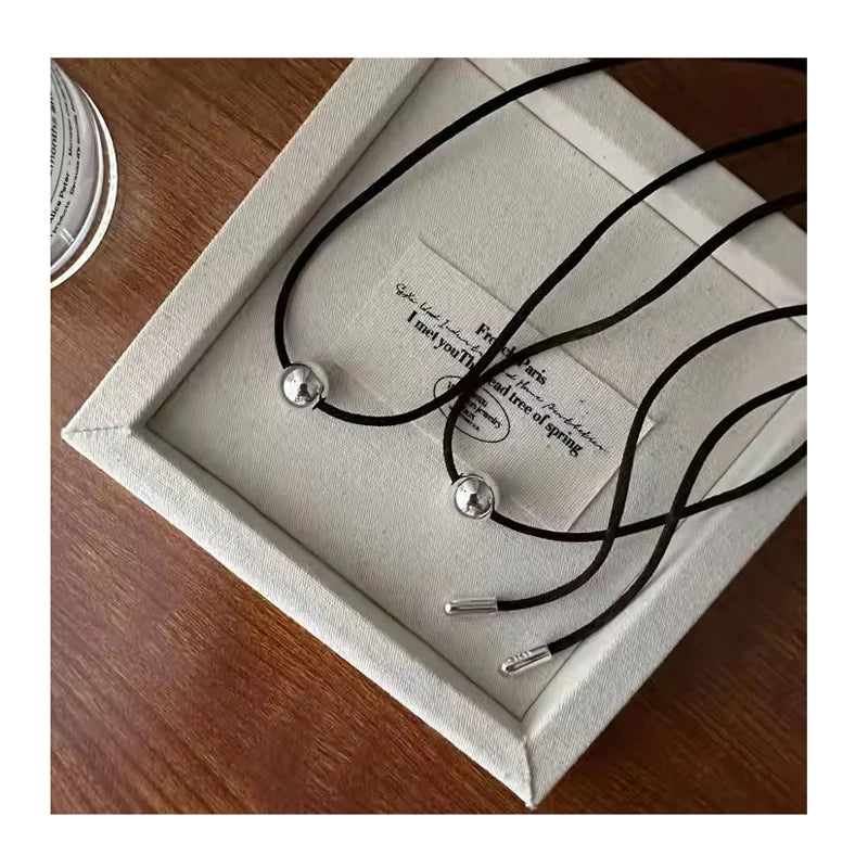 Fashion INS 925 Sterling Silver Round Ball Beads Black Coffee Color Cord Necklaces for Women Birthday Gifts Jewelry