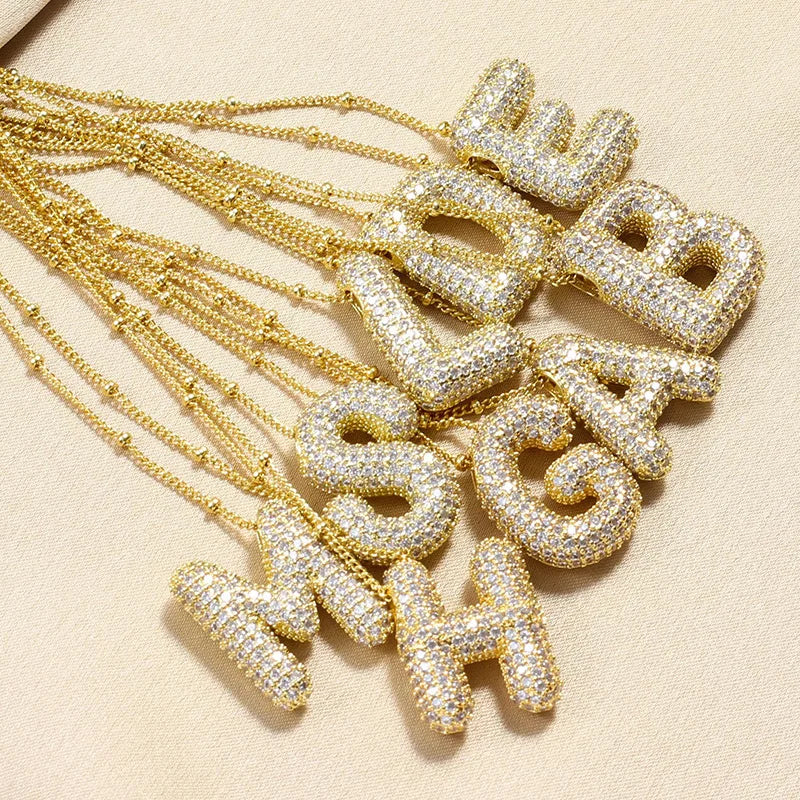 2024 Factory Directly Wholesale Copper Gold 26 Capital Initials Bubble Pendant Necklace Cubic Zirconia Balloon Letters Necklace