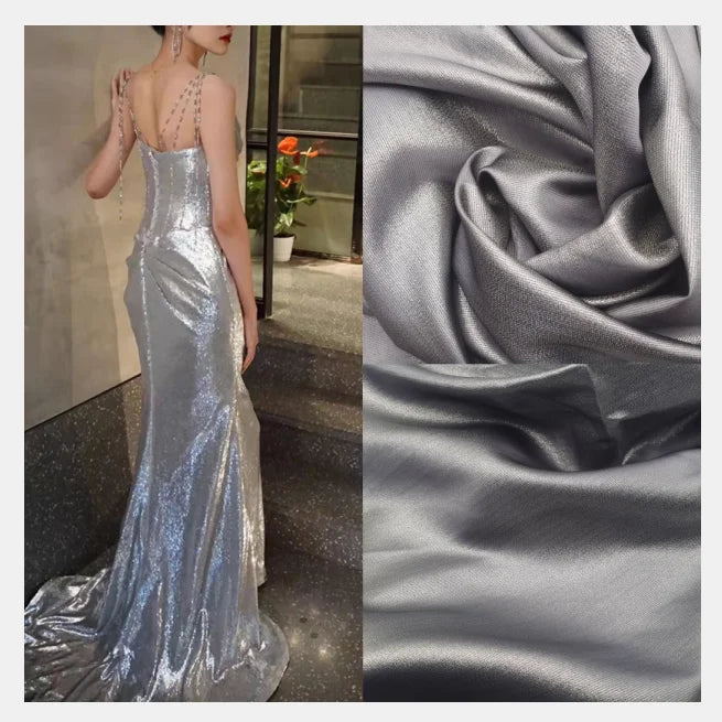Luxury Lurex Glossy Gradient Metallic Silver Crystal Shiny Luster Liquid GAZA Organza Bridal Satin Fabric for Wedding Dress