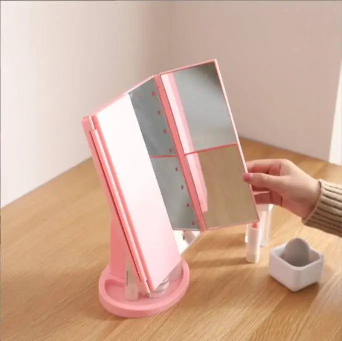 Tri-Fold Foldable Portable Lighted Vanity Mirror with 22 LED Lights Double-Sided 3X/2X/1X Magnification for Makeup
