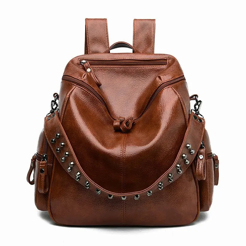 Fashion Design Large Capacity Shoulder Sling Rivet Backpack Bag Ladies Casual Zipper Soft Pu Leather Backpack for Women