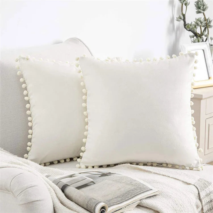 Top Finel Decorative Throw Pillow Covers With Pom-poms Soft Particles Velvet Solid Cushion Covers