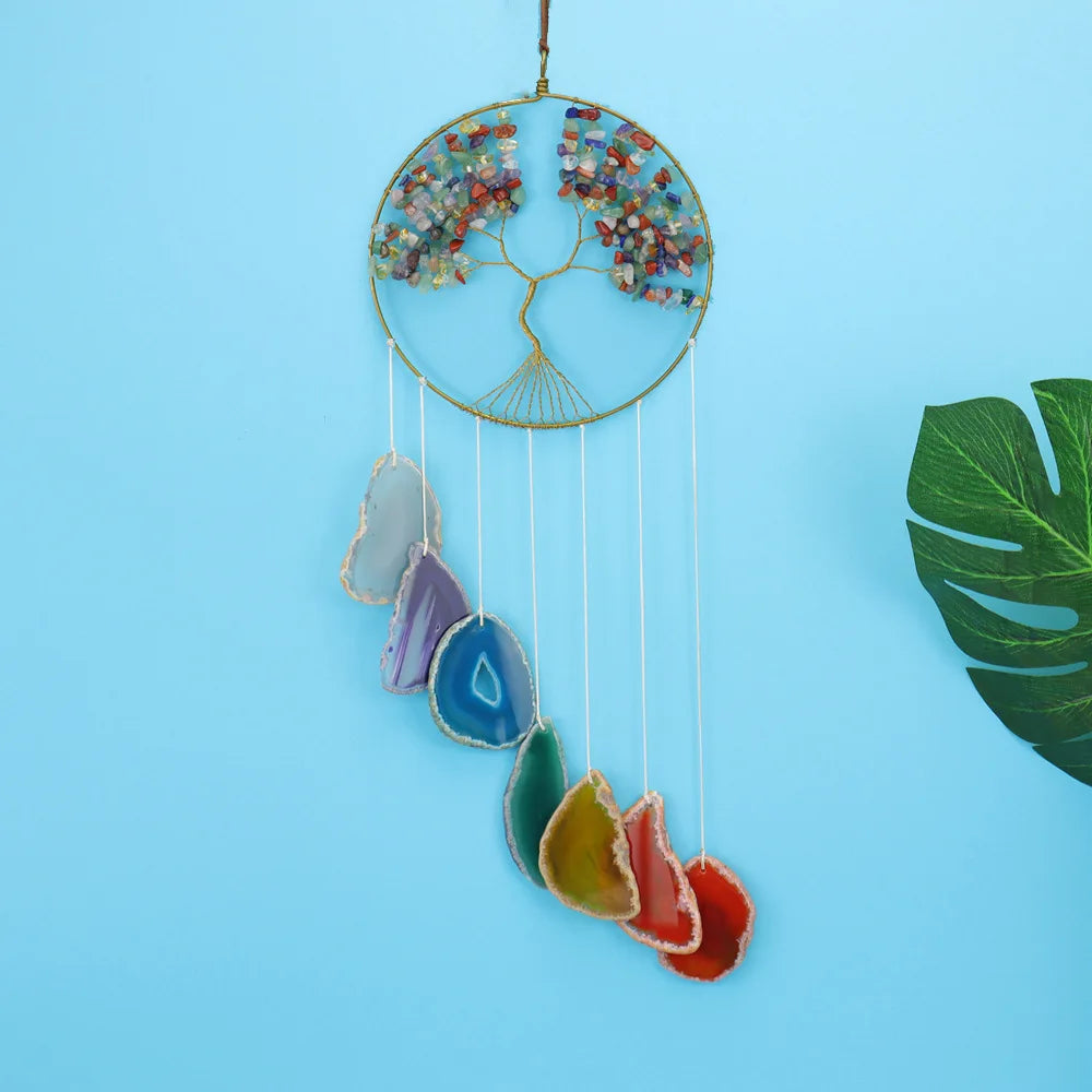 Hongzhuo Wholesale Natural Healing Gemstone 7 Colors Stones Irregular Agate Slices Wind Chimes for Home Decoration Gifts