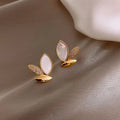 Trendy INS Simple Fashion Pure Crystal Cat Eye Stone Leaf Shaped Stud Earrings for Women Girls