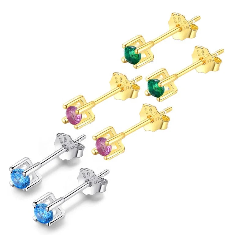 Wholesale Cute Fashion Gold Plated 925 Sterling Silver Stud Earrings with CZ Stones in Blue Red Green for Engagement