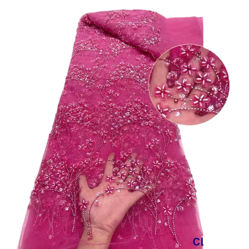 Luxury High Quality 3D Eco-Friendly French Lace Soft Sequin Bead Fabric Customizable Color 5 Yards for Women's Elegant Party