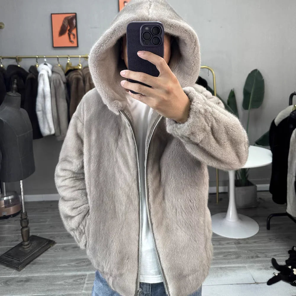2024 New   Men's Mink  Fur Jacket   Long Sleeve  Men Mink Fur  Hooded Coat With Zipper