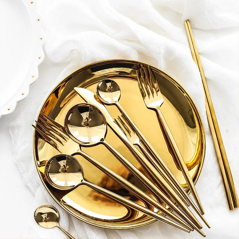 Stainless Steel 304 Portuguese Tableware Gold Cutlery 420 Knives Polish Mirror Fork Flatware Set for Event Parties Italy Design