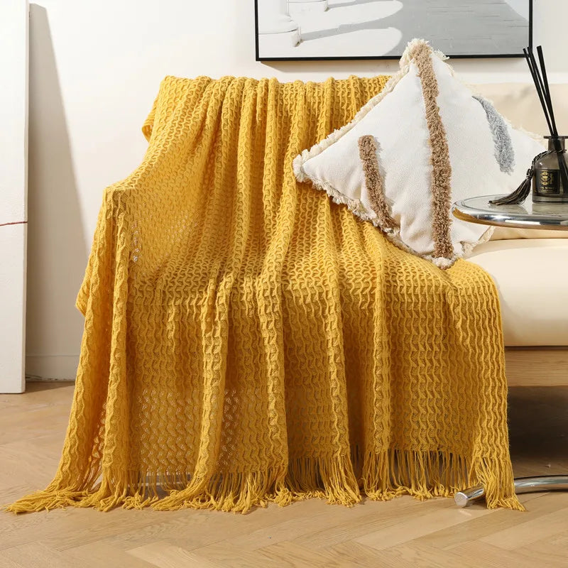 Multipurpose Knitted Solid Color Geometric Fringe Bed Blanket Convenient Travel Blanket Sleep Pod Blanket
