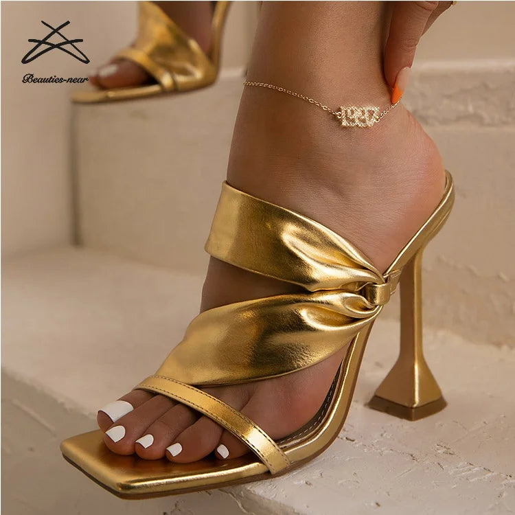 Plus Size Summer Fashion Slip on Thin Heels Slides Women Slides Shoes Party New Sexy Toe High Heel Slippers Sandals