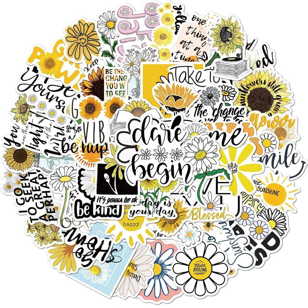 50PCS Daisy Motivational Chrysanthemum Plant Vinyl Letter Words Inspirational Kawaii Bottles Luggage Laptop Flower Stickers