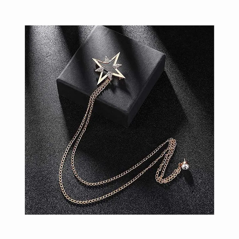 Retro Fashion Plating Men's Suit Brooch Wedding Groom Collar Flower Collar Pin Long Chain Corsage Crystal Rhinestones Lapel Pin