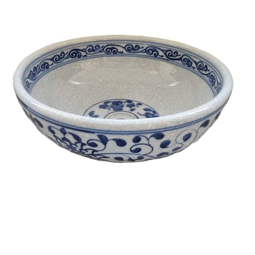 Hand Painted Traditional Art Ceramic Round Hand Wash Basin Countertop Sink for Bathroom