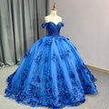 Romantic Lake Blue Off Shoulder Ball Gown Quinceanera Dresses 3D Flowers Tulle Sweet 16 Party Gown 9963
