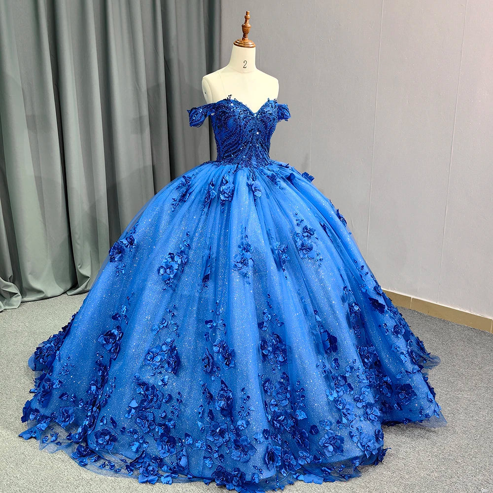 Romantic Lake Blue Off Shoulder Ball Gown Quinceanera Dresses 3D Flowers Tulle Sweet 16 Party Gown 9963