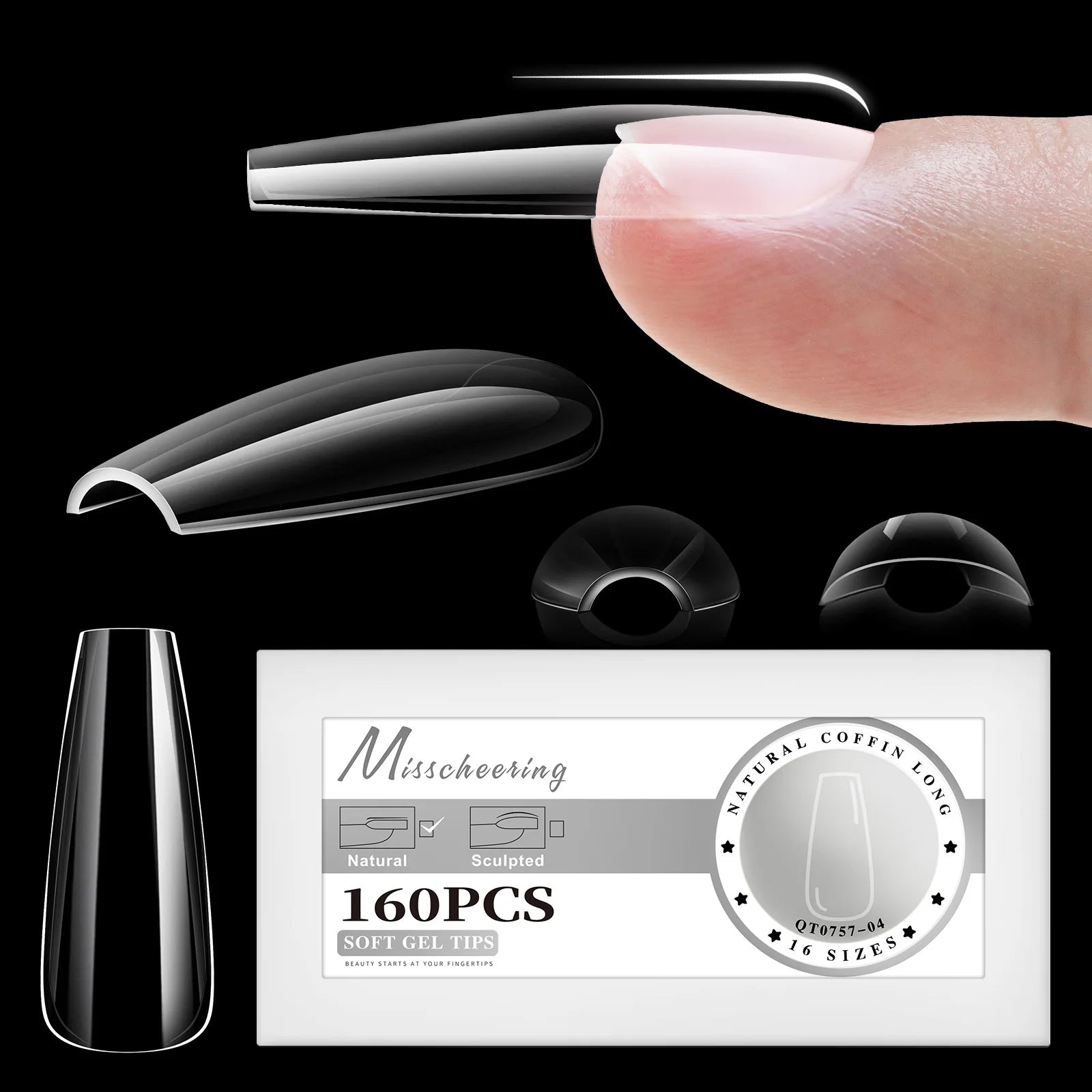 320/160pcs Box Clear Coffin Almond Stiletto Square Round Nail Tips 16 Sizes Manicure Extension Full Cover False Nail Tips