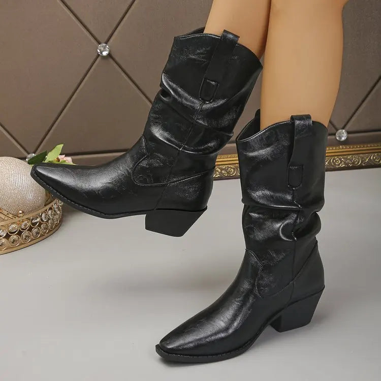 Women Western Autumn Winter Pointed Toe Ankle Chelsea Boots Fashion Black Heel Folding Tube Boots
