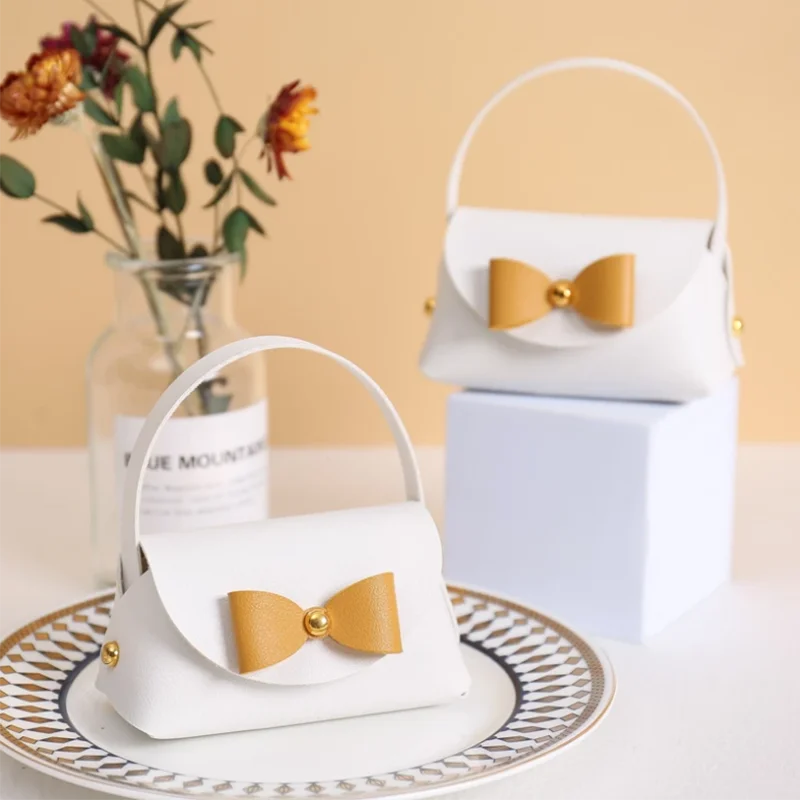 New Wedding PU Leather Favor Candy Box Folded Bowknot Mini Lady Bag Party Handbag Gift Packaging Box
