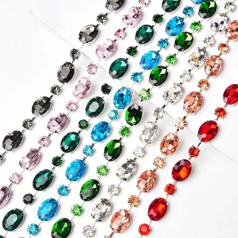 13*18mm Handmade 3D Crystal Rhinestone Cup Chain Colorful Bling Metal Trims Applique for Clothes Shoes Decoration Oval Glass