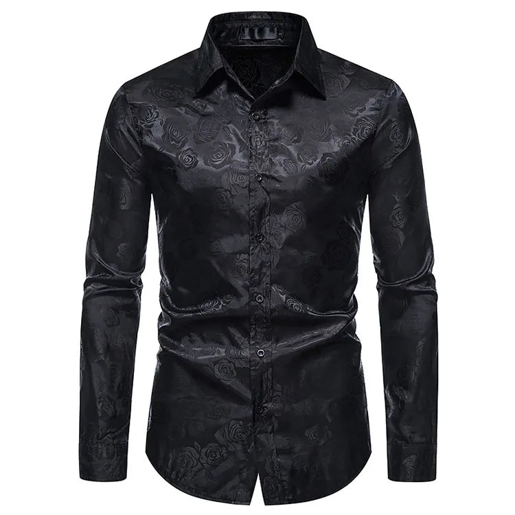 Autumn Black Rose Print Mens Shirts Luxury Long Sleeve Floral Paisley Silk Business Party Wedding Shirt Men Clothing