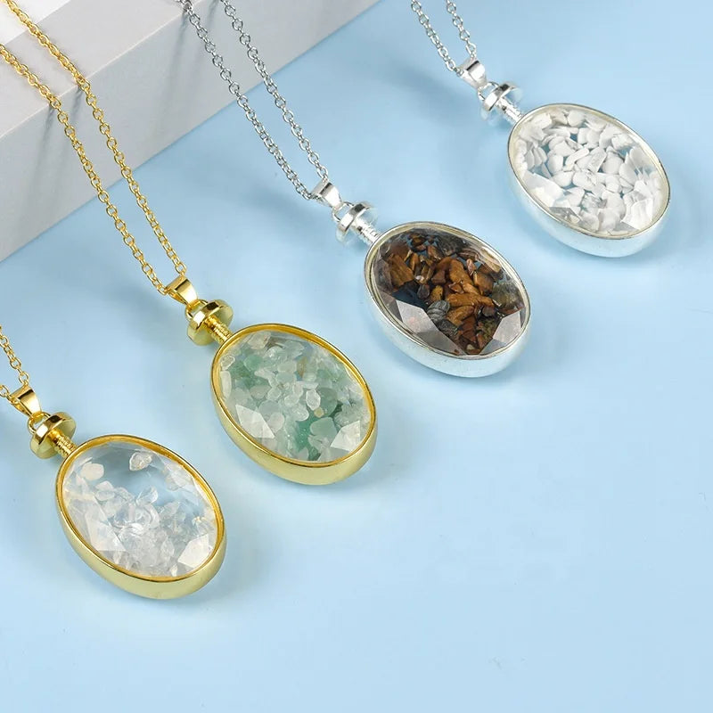 Fashion Oval Shape Amethyst Gravel Sliver Pendant Healing Stone Crystal Chips Pendant