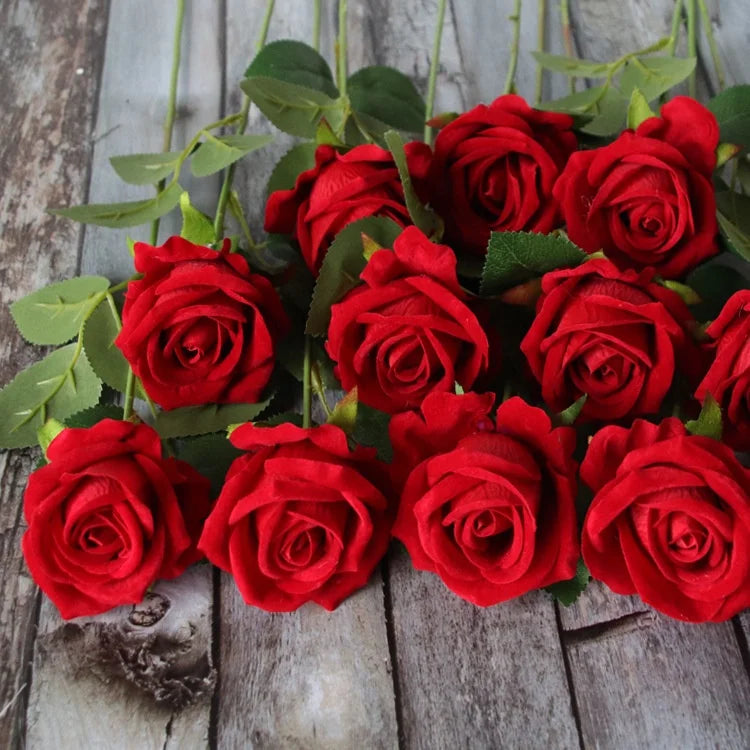 OX267 Wholesale Single Head Artificial Velvet Roses Real Touch Leaves Stem Red Rose Artificial Flower Bouquet for Valentines Day
