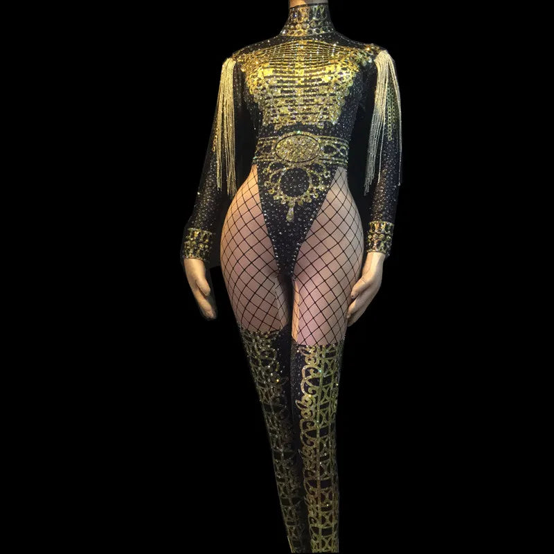 Mono Mujer 2026 Gold Long Sleeve Rhinestone Tassel Rompers Club Bar Stage Show Dance Leotard Women Bodysuit One Piece Jumpsuit