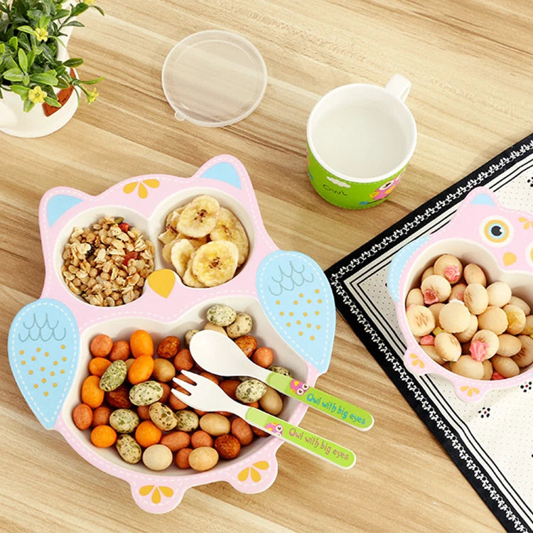 Cartoon Fiber Lunch Serving Compartment Bamboo Dinner Plate for School Children and Baby Kid Food Eating Tray