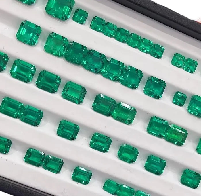 High Quality Lab Created Emerald 5x7mm 6x8mm Emerald Cut Loose Stone Third Party Appraisal Color Play Qinglong Jewelry Making