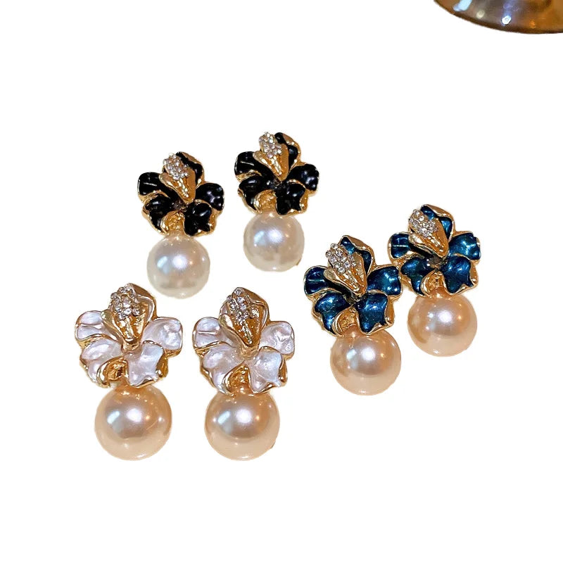 S925 Gold Plated French Flower Earrings Luxury Pearl Stud Manguito De Oreja Trendy Geometric Shape for Wedding Parties Gifts