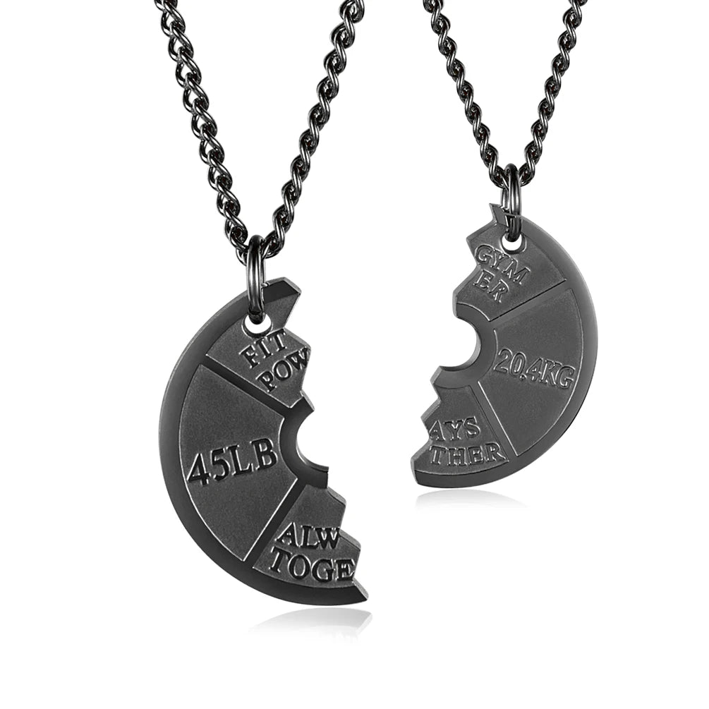 Factory Direct Titanium Steel Half Barbell Sports Pendants Trendy Couple Necklace with Zircon for Fitness & Wedding Jewelry