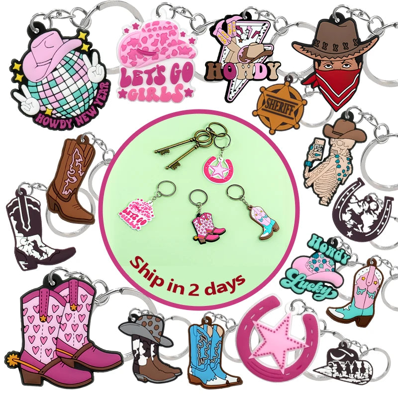 New Trend Designer Custom One Piece Cowboy Western Style Keychain Set Stainless Steel PVC Accessories Trendy Boot Hat Charms for