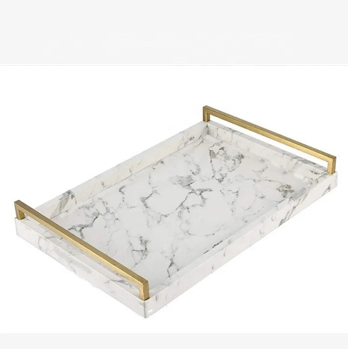 White Marble Serving Tray with Gold Metal Handles for Home Decoration and Kitchen Use