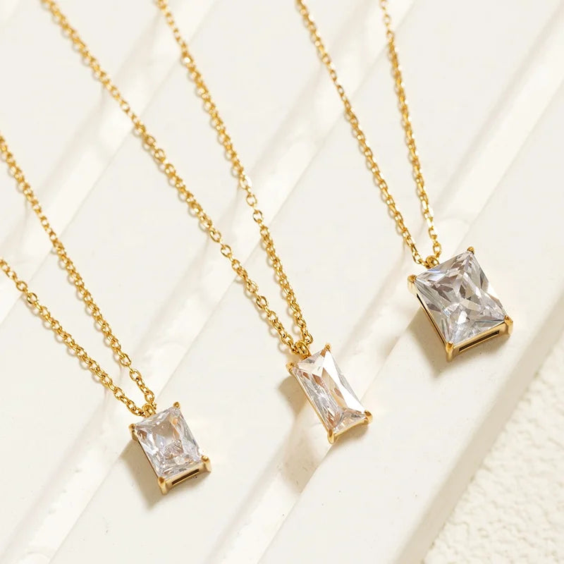 Gold Plated Waterproof Pendant Jewelry Stainless Steel 18K Gold Necklace Rectangle Cubic Zircon Pendant Necklace for Women