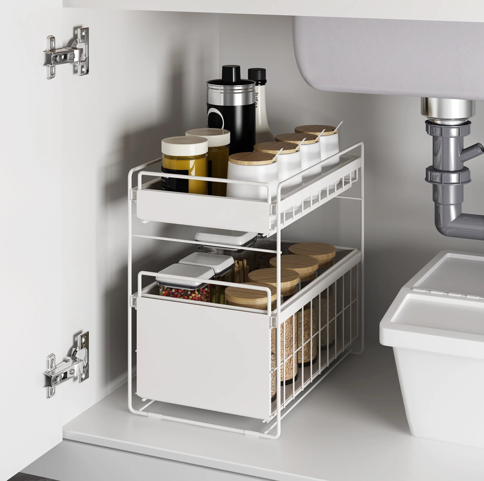 Multifunction Kitchen Countertop Large Capacity Double Stainless Steel Eco-Friendly Pull Spices Container Push-pull Storage