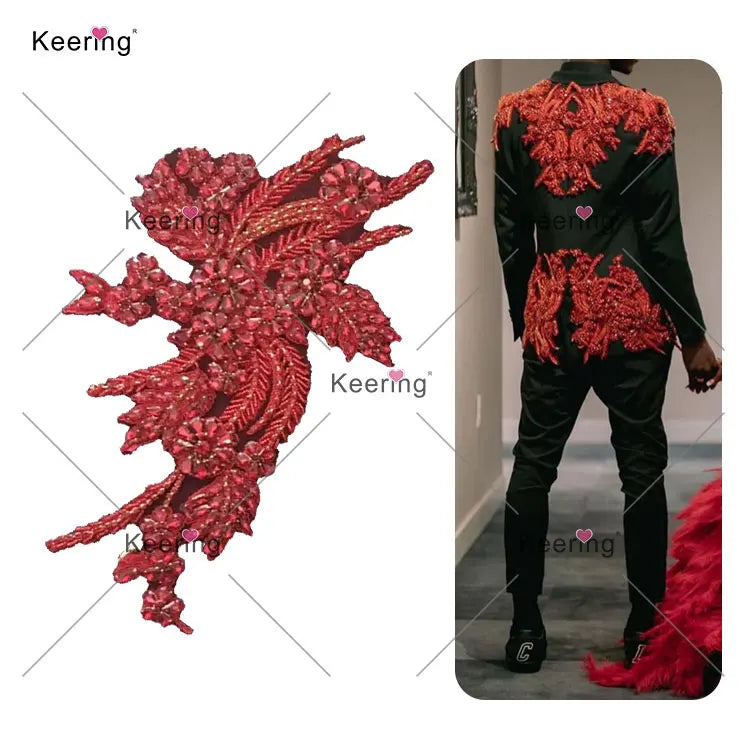 WDP-296 Groom Suit Sew on Red Crystal Men Embroidery DIY Bling Applique Wedding for Clothing