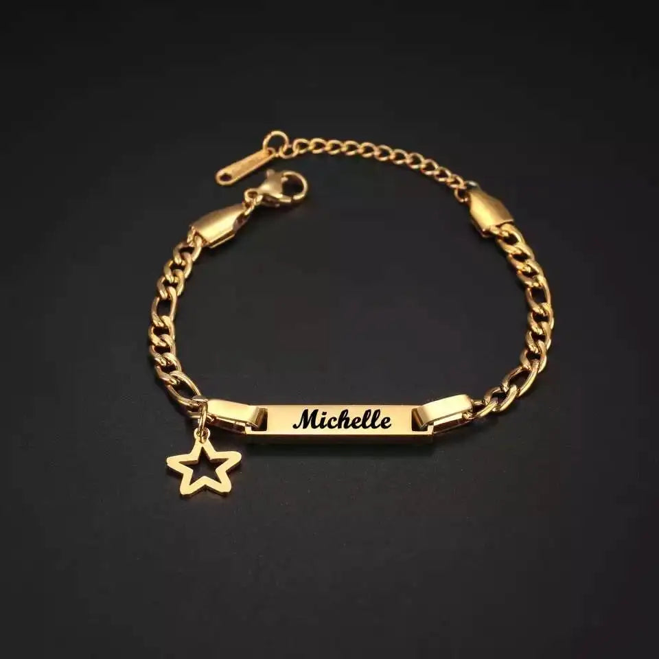 Fashion Crown Charm Message Personalized Custom Gold Plated Curved Stainless Steel Jewelry Engraved Name Bracelets Bangle