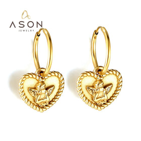 Ason New Jewelry Fashion Wholesale Exquisite Stainless Steel Earrings 18K Gold Plated Heart Angel Pattern Earrings for Women