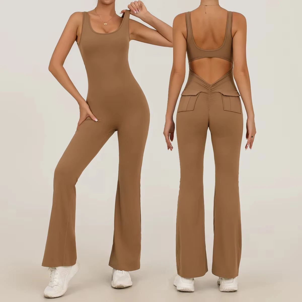 Women Sports Jumpsuit Training Flare Leg Jumpsuit Fitness Rompers Stretch Workout Bodysuits