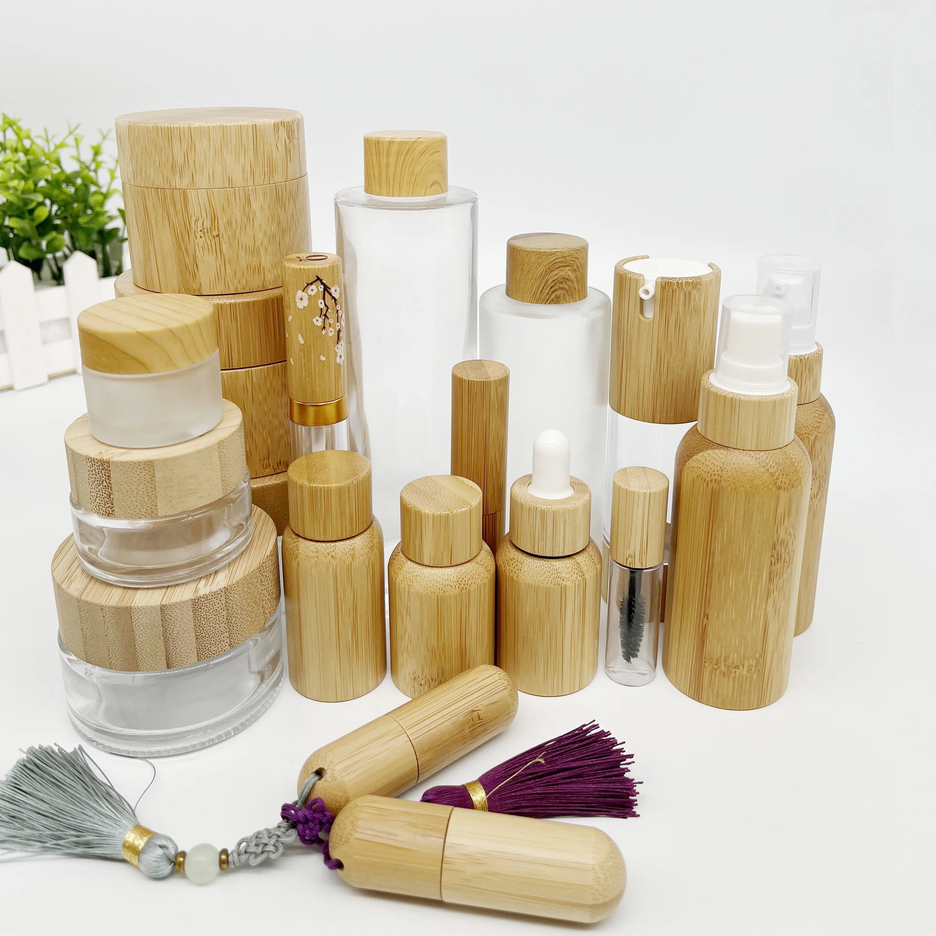 Cosmetic Packaging Set Frosted Skin Care 30ml 50ml 100ml Dropper Bottles and Bamboo Jars with Bamboo Lid Series