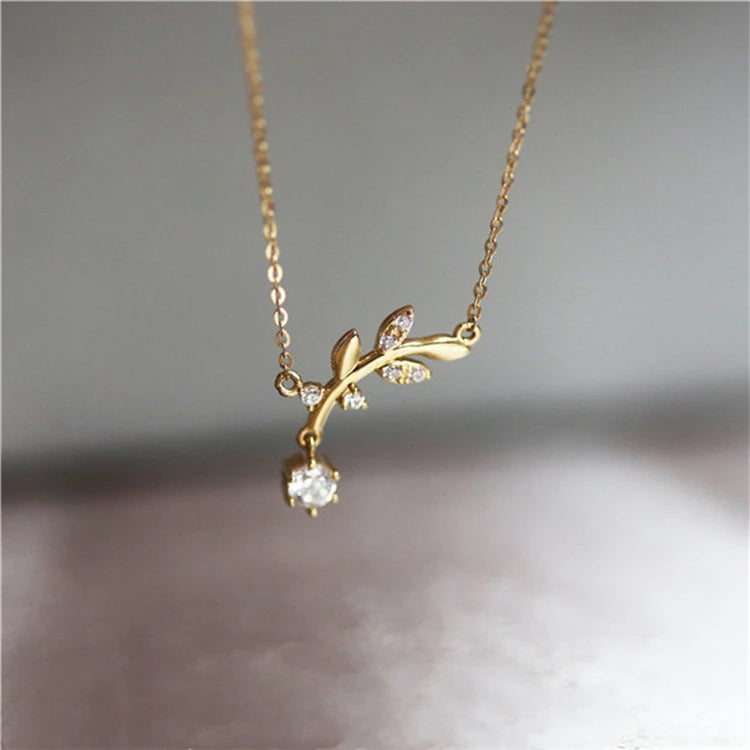 2025 Trendy Jewelry Gold Plating Zircon 925 Sterling Silver Leaf Charm Necklace