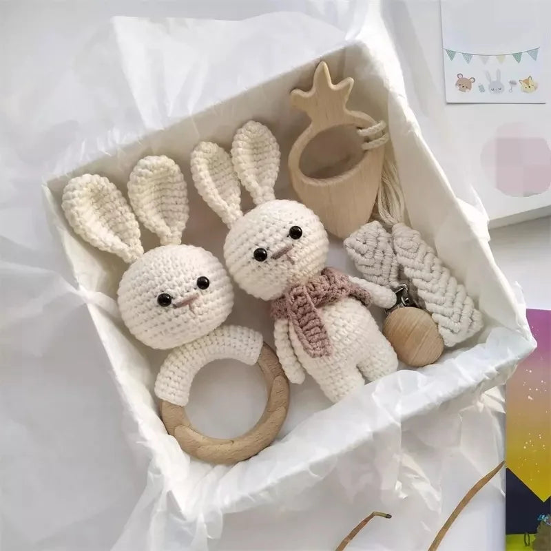 Organic Bunny Crochet Rattle Knitting Teether Ring Baby Chew Toy Baby Teething Shower Baby Gift Set