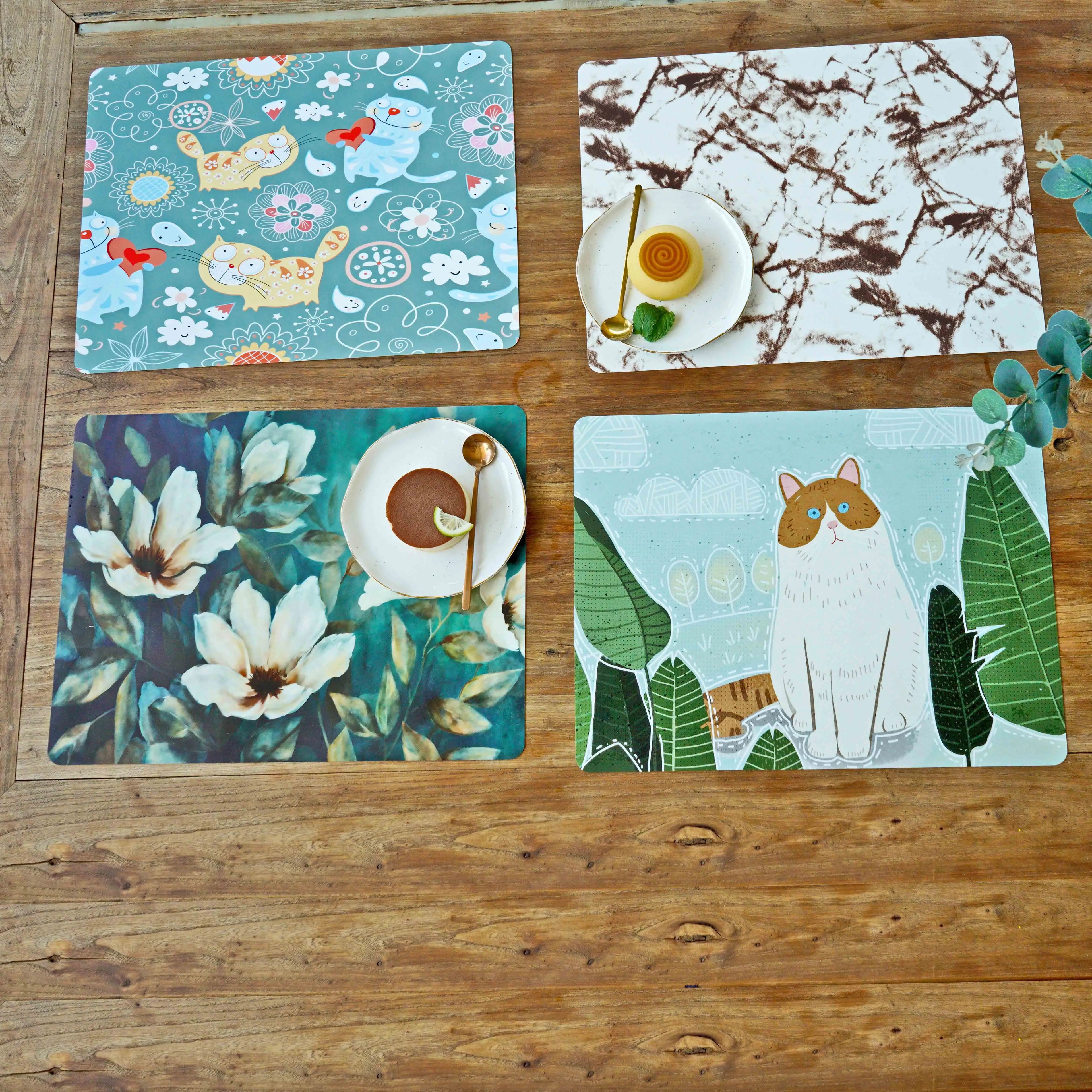 Creative Pattern Printing Food Grade Silicone Placemats Two Piece Set of Rectangular Placemats and Round Coasters